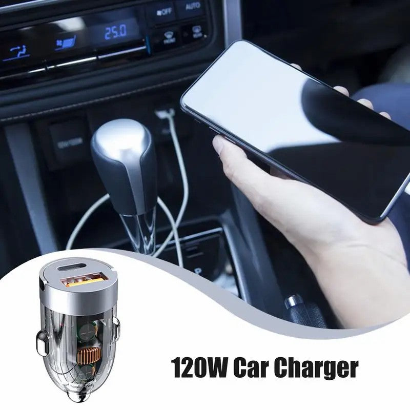 G20T 12-24V 120W USB+Type-C Fast Charging Adapter Transparent Car Charger with Type-C to Type-C Cable G20T 12-24V 120W USB+Type-C Fast Charging Adapter Transparent Car Charger with Type-C to Type-C Cable